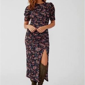Free People Briella Midi Dress Small Ruched Bodycon Boho Romantic Fitted Stretch